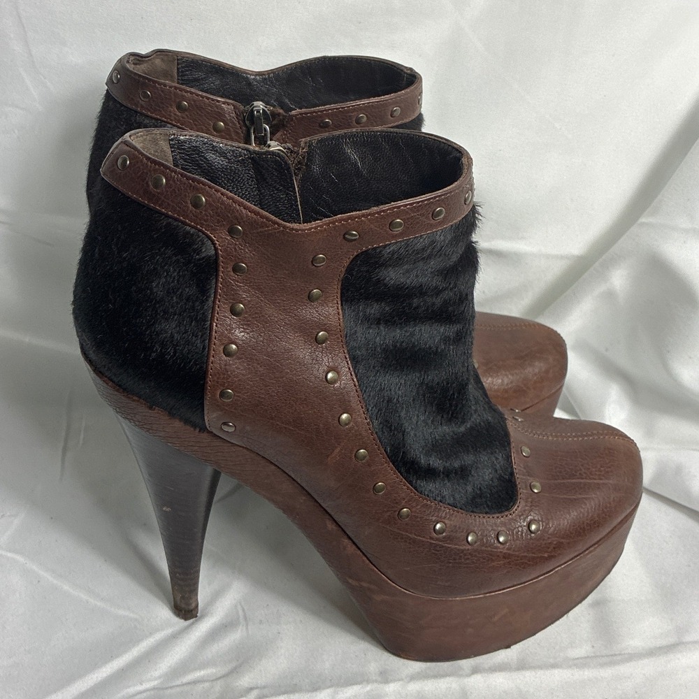 Fendi Brown Leather Black Pony Hair Studded Platform Ankle Boots EU 39
